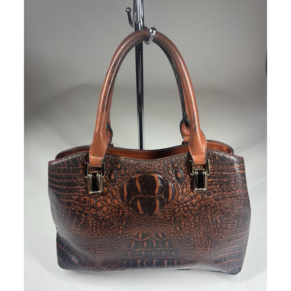 Vintage Embossed Croc Leather Handbag Brown Satchel Purse Textured Bag Boho